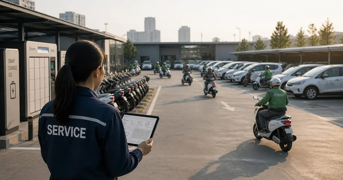 Service technician with tablet overseeing a fleet of electric scooters and cars next to battery swap cabinets