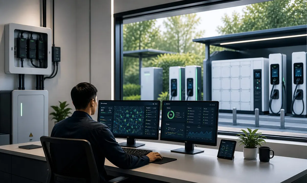 Operator monitoring charging stations and battery cabinets from a control room overlooking the infrastructure