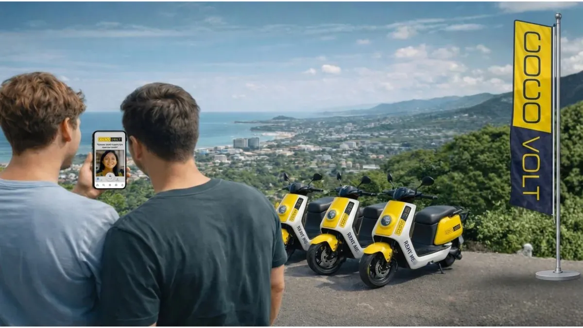 Users renting branded electric scooters via mobile app at a coastal viewpoint